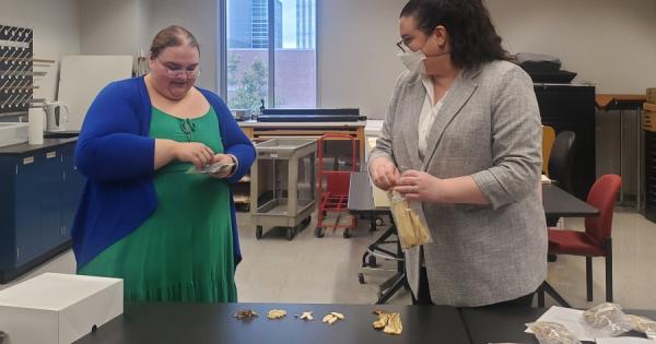 Two women examine Chinese herbs in the classroom