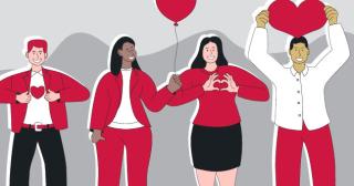 four cartoon people; one with heart on shirt, one holding heart balloon, one making heart with hands, one holding heart sign