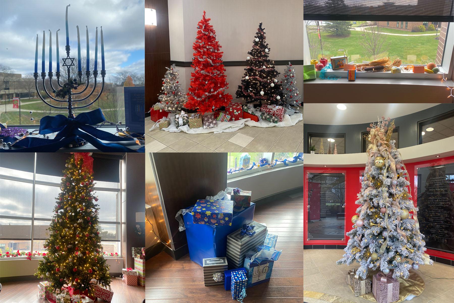 collage of holiday decorative photos including hanukkah gifts, menorah, christmas trees, and kwanza display