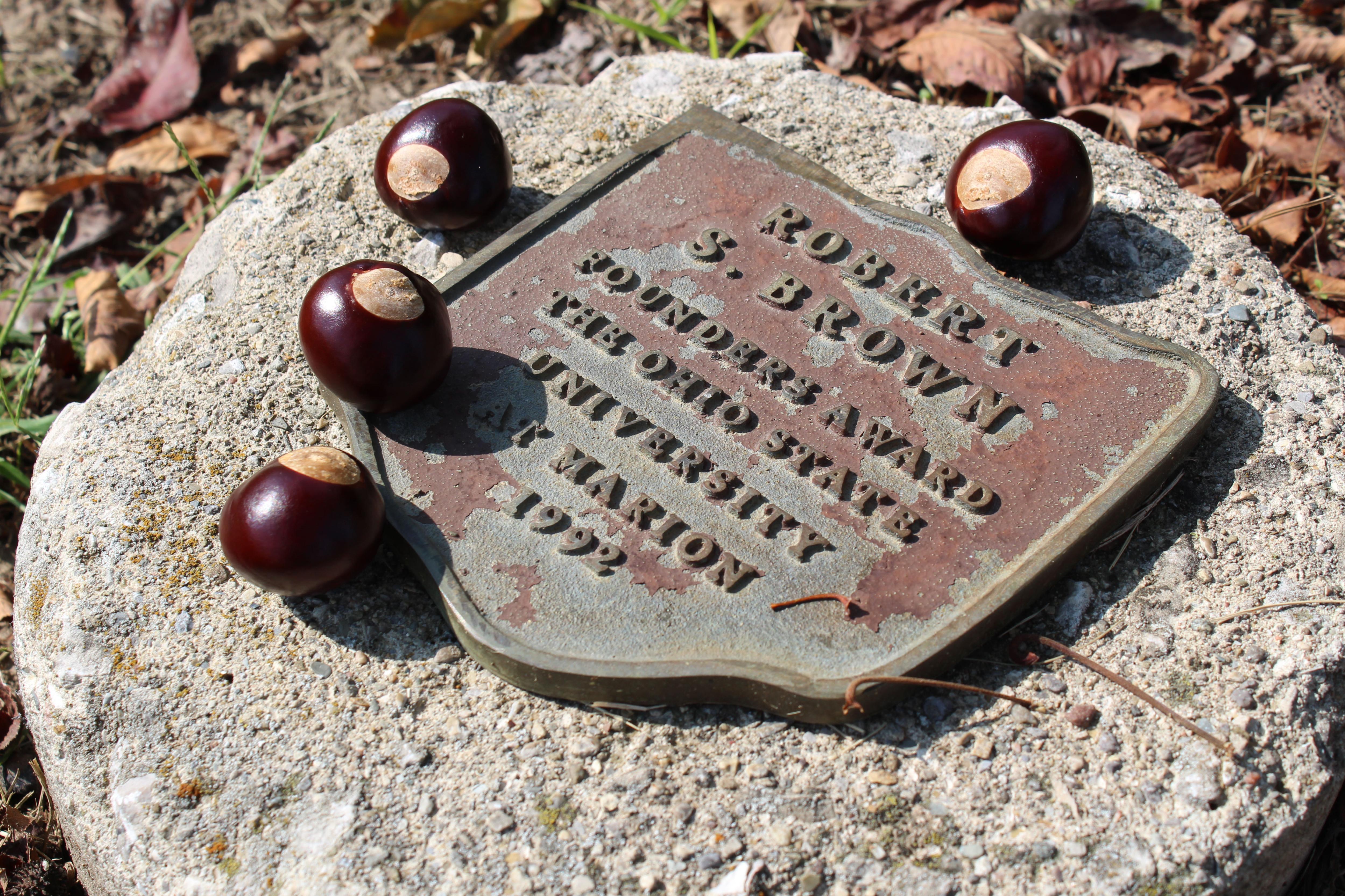 metal plaque on stone, shaped like ohio on stone reads Robert S. Brown