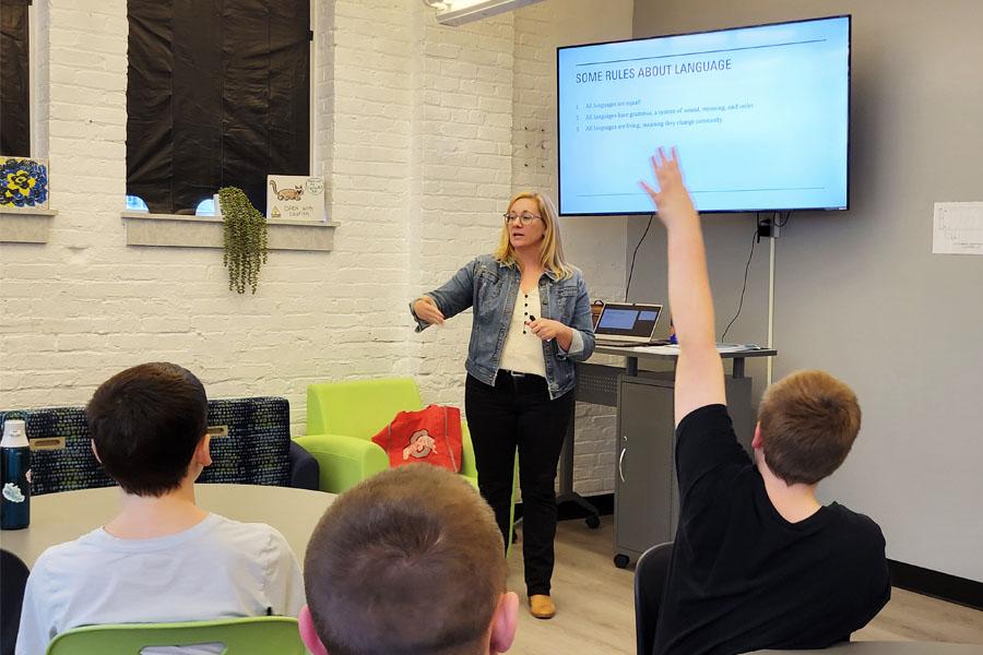 woman teaching in small class