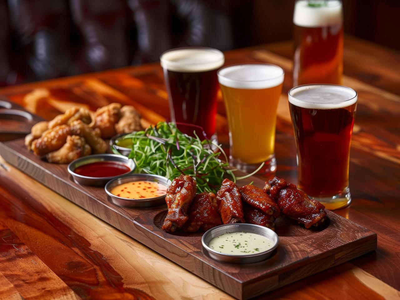 finger food and dips and beer on a butcher block table