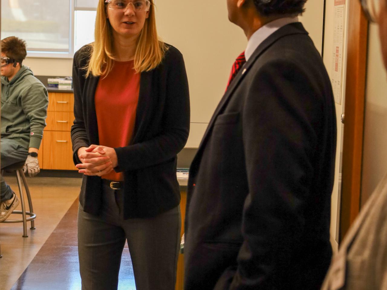 Ohio State Provost tours campus buildings with small group of people