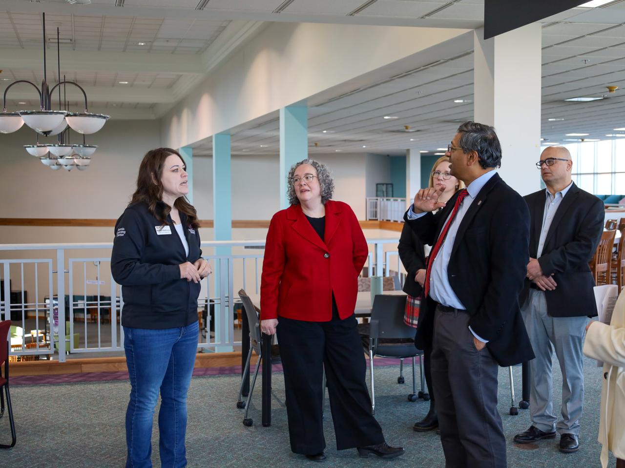Ohio State Provost tours campus buildings with small group of people