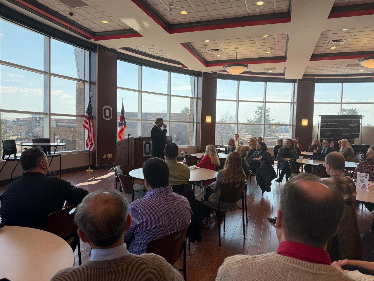 Ohio State Provost tours campus buildings with small group of people