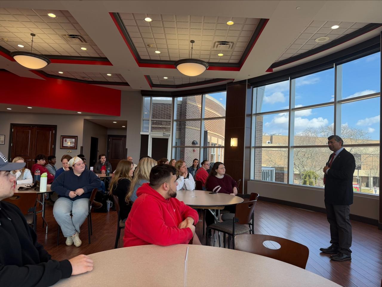Ohio State Provost tours campus buildings with small group of people