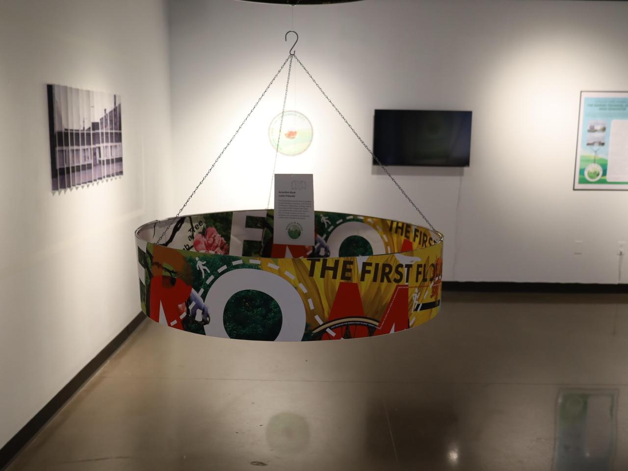 art hanging from the ceiling in art gallery