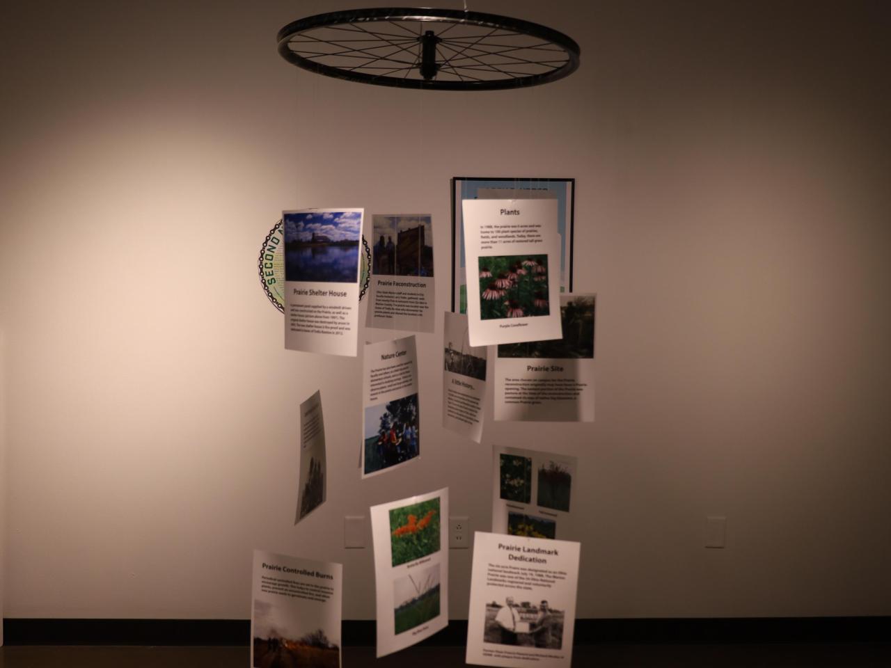 flyers of information hanging from the ceiling