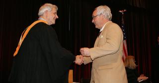 Ohio State Marion Biology Lecturer, Dr. Dan Wojta shaking hands with Gregory S. Rose, PhD, dean and director of The Ohio State University at Marion