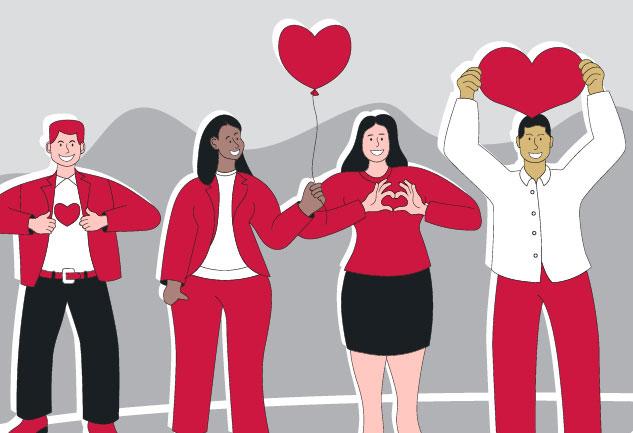 four cartoon people; one with heart on shirt, one holding heart balloon, one making heart with hands, one holding heart sign