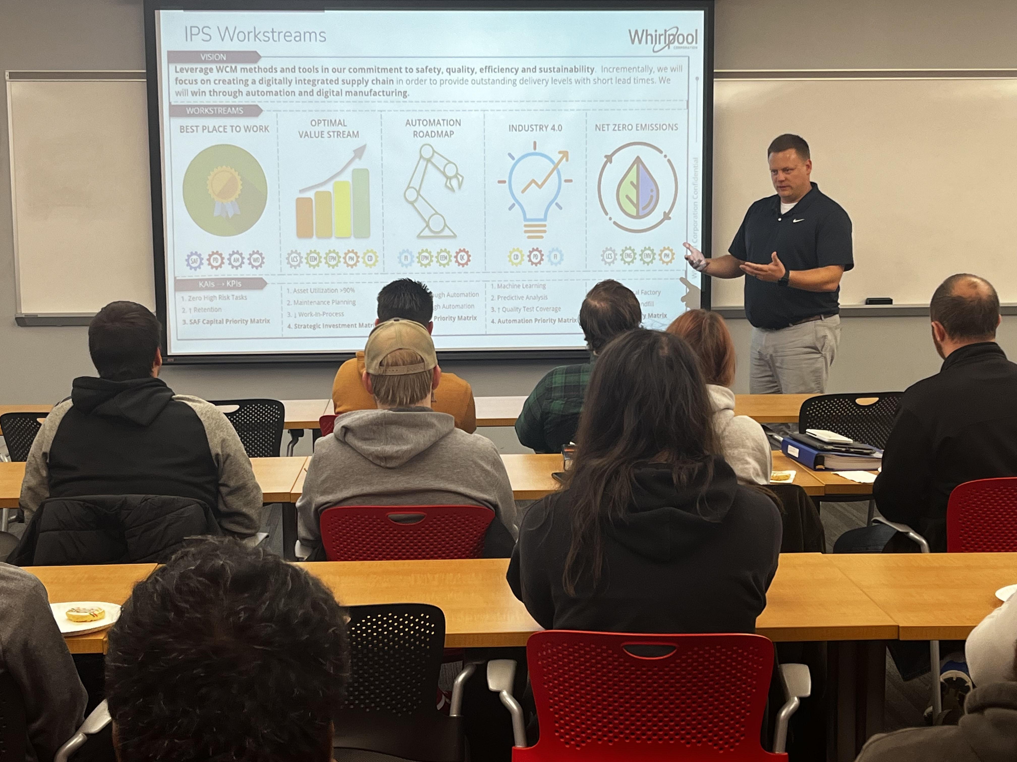 Whirlpool Marion’s Director of Engineering Ethan Ott speaking to engineering students