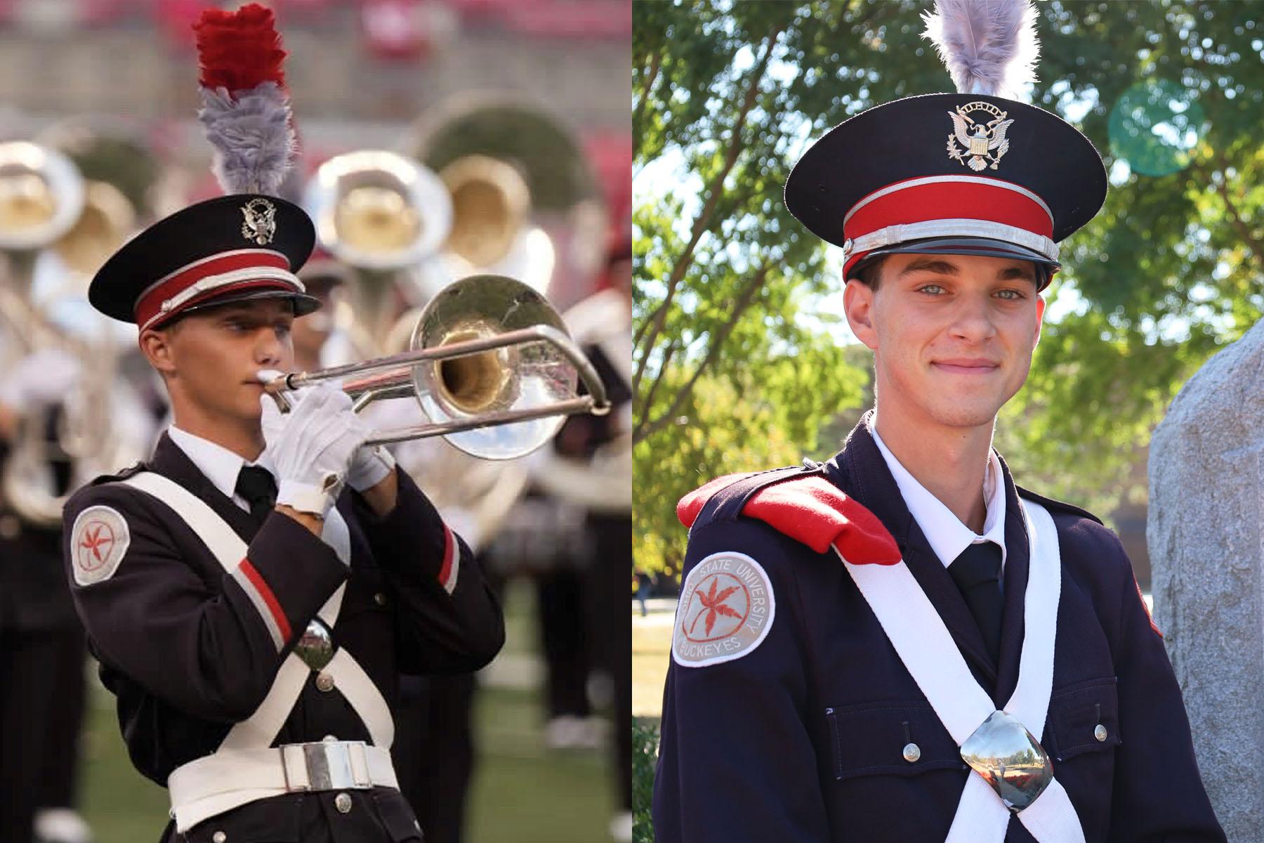 two young men in black college marching band uniforms