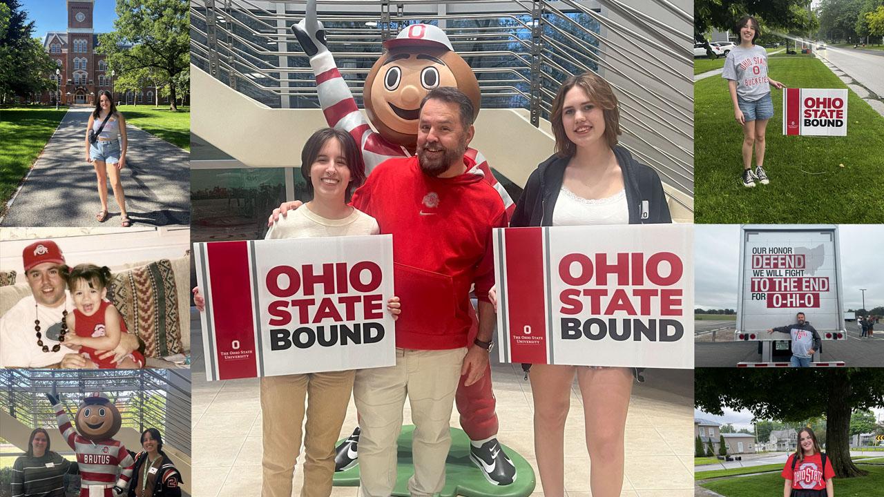 college of photos with ohio state clothing and signs