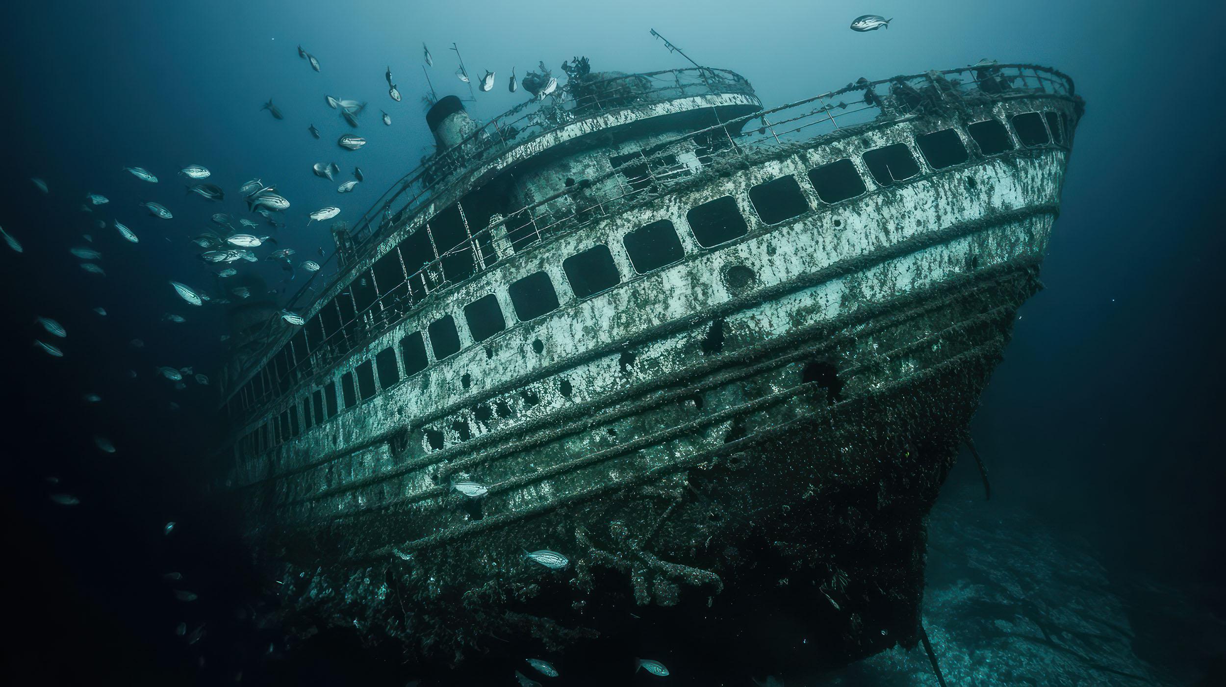 sunk ship underwater surrounded by fish