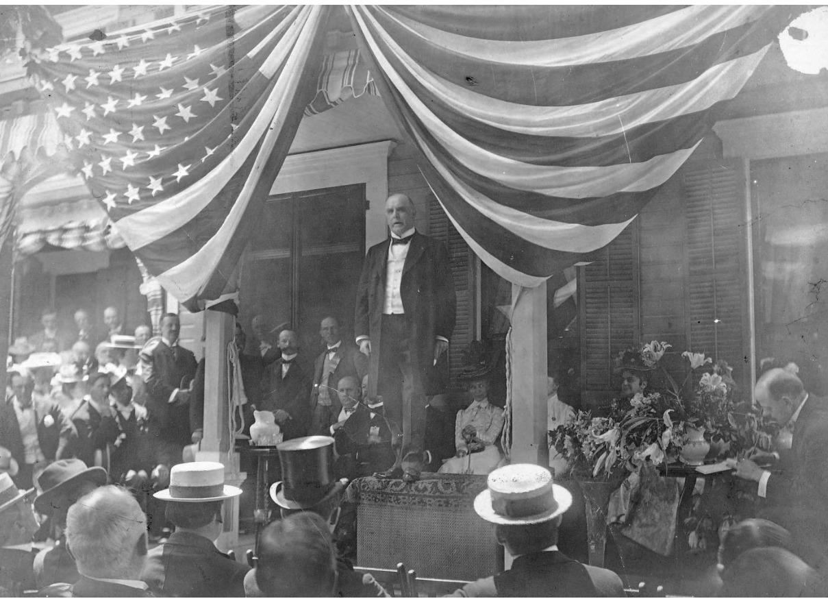 Presidential candidate William McKinley delivering address from his front porch in 1896