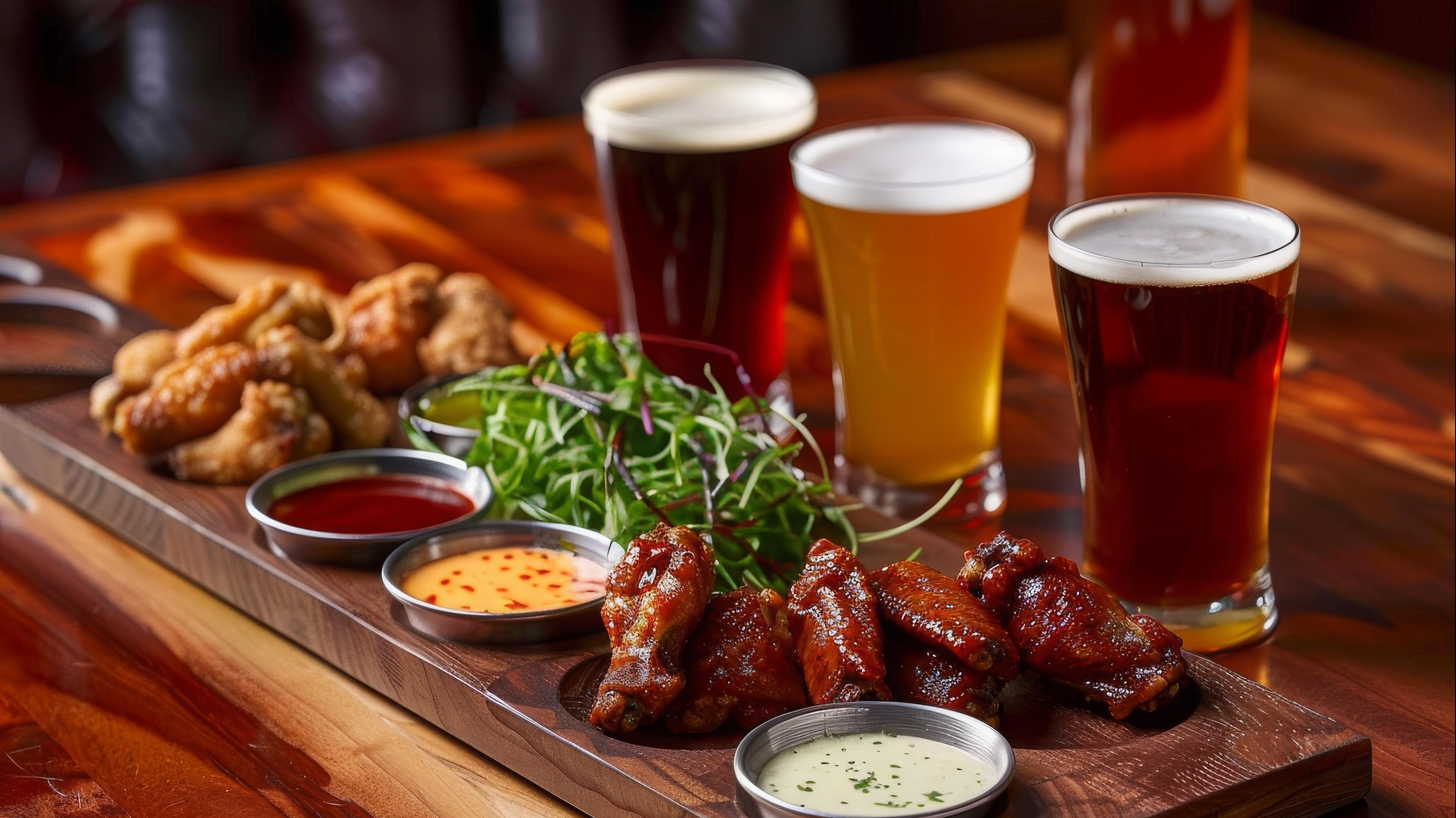 finger food and dips and beer on a butcher block table