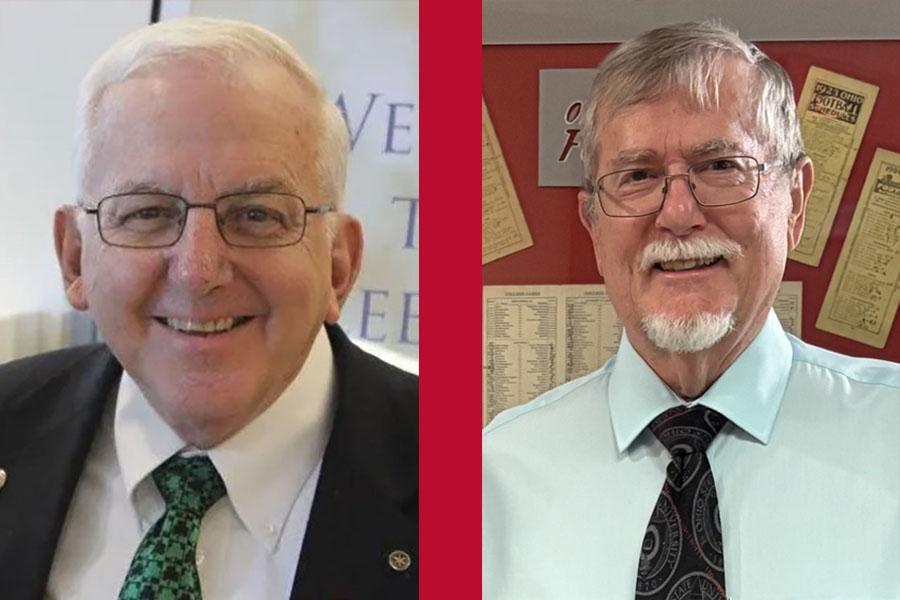 head shot two men in glasses and ties