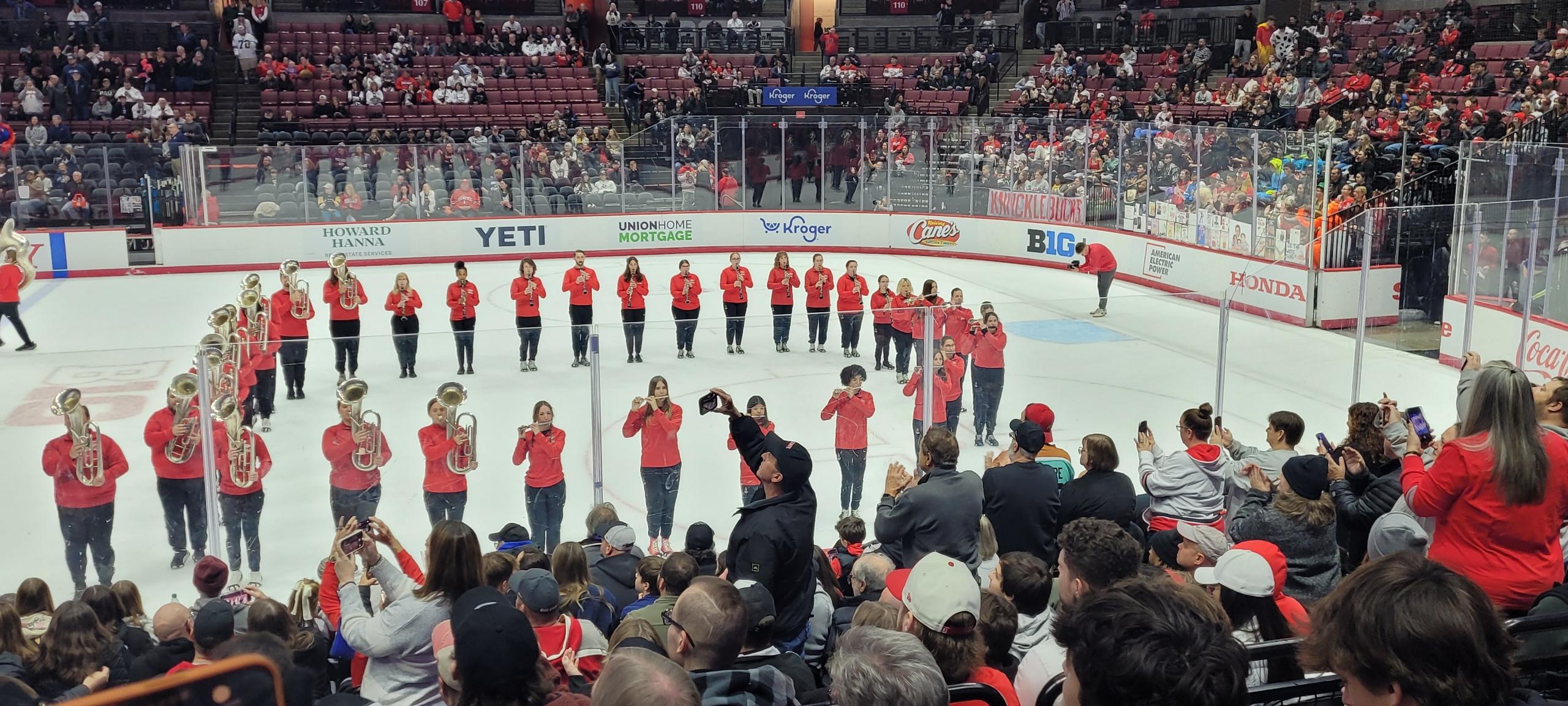 band on hockey ice doing script Ohio