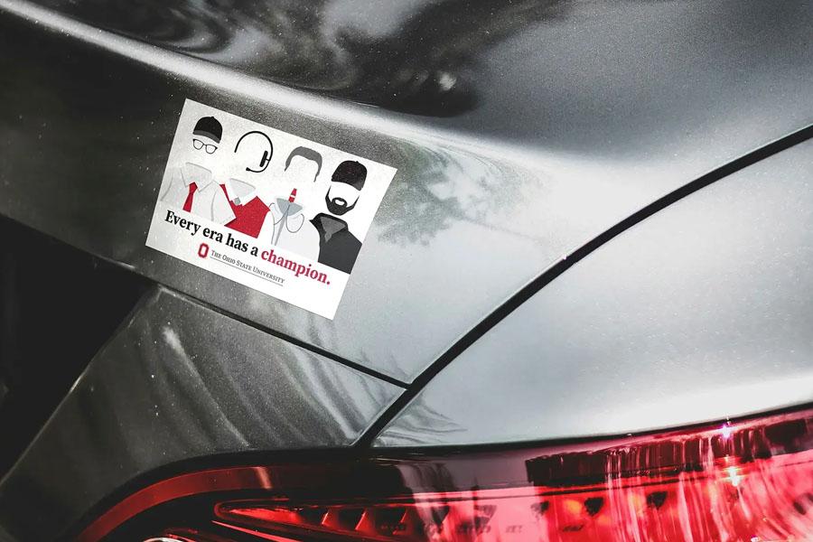 Ohio State bumper sticker on the back of a gray car