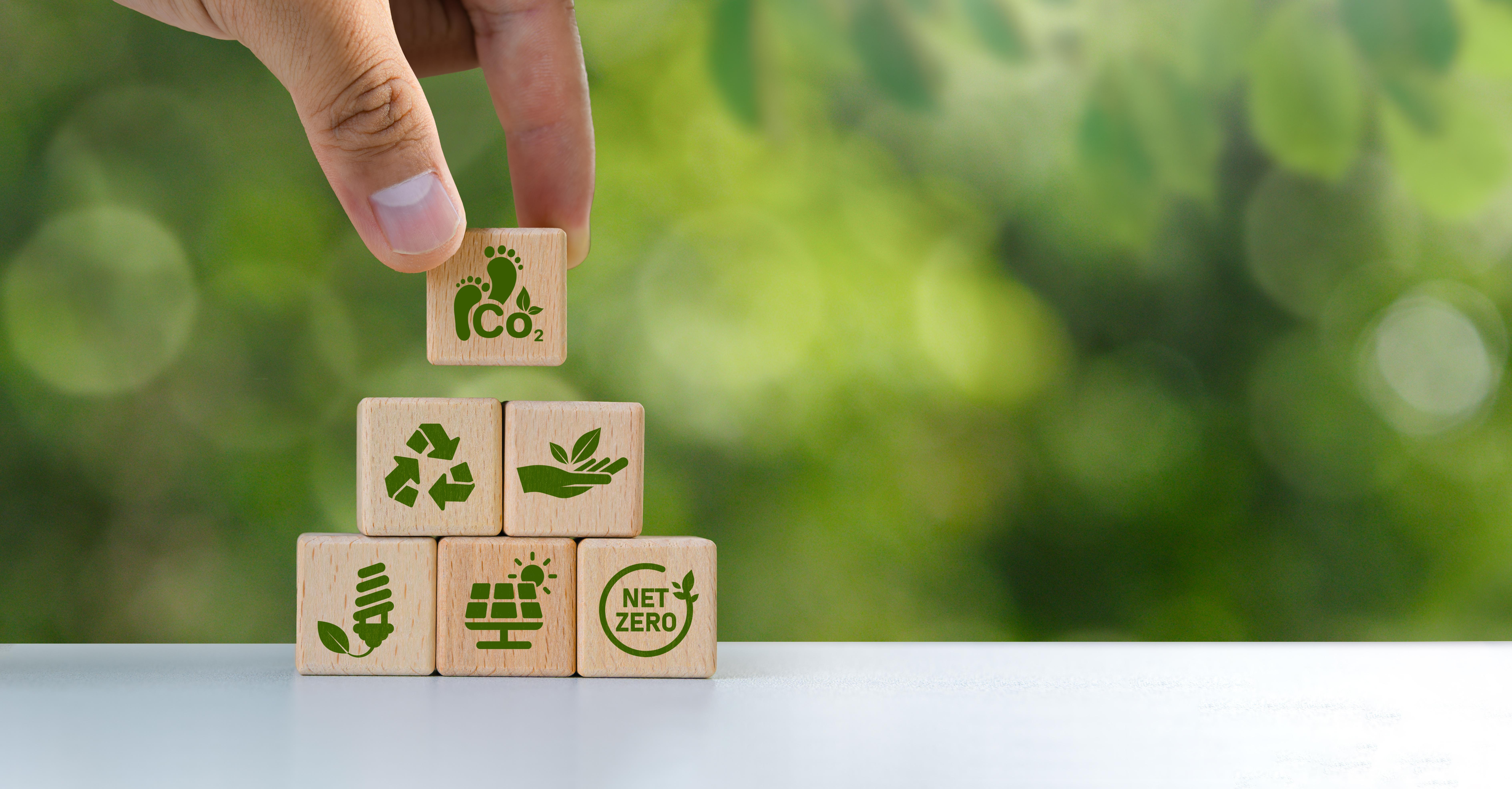 hand stacking small wood tiles with sustainability icons in front of green background
