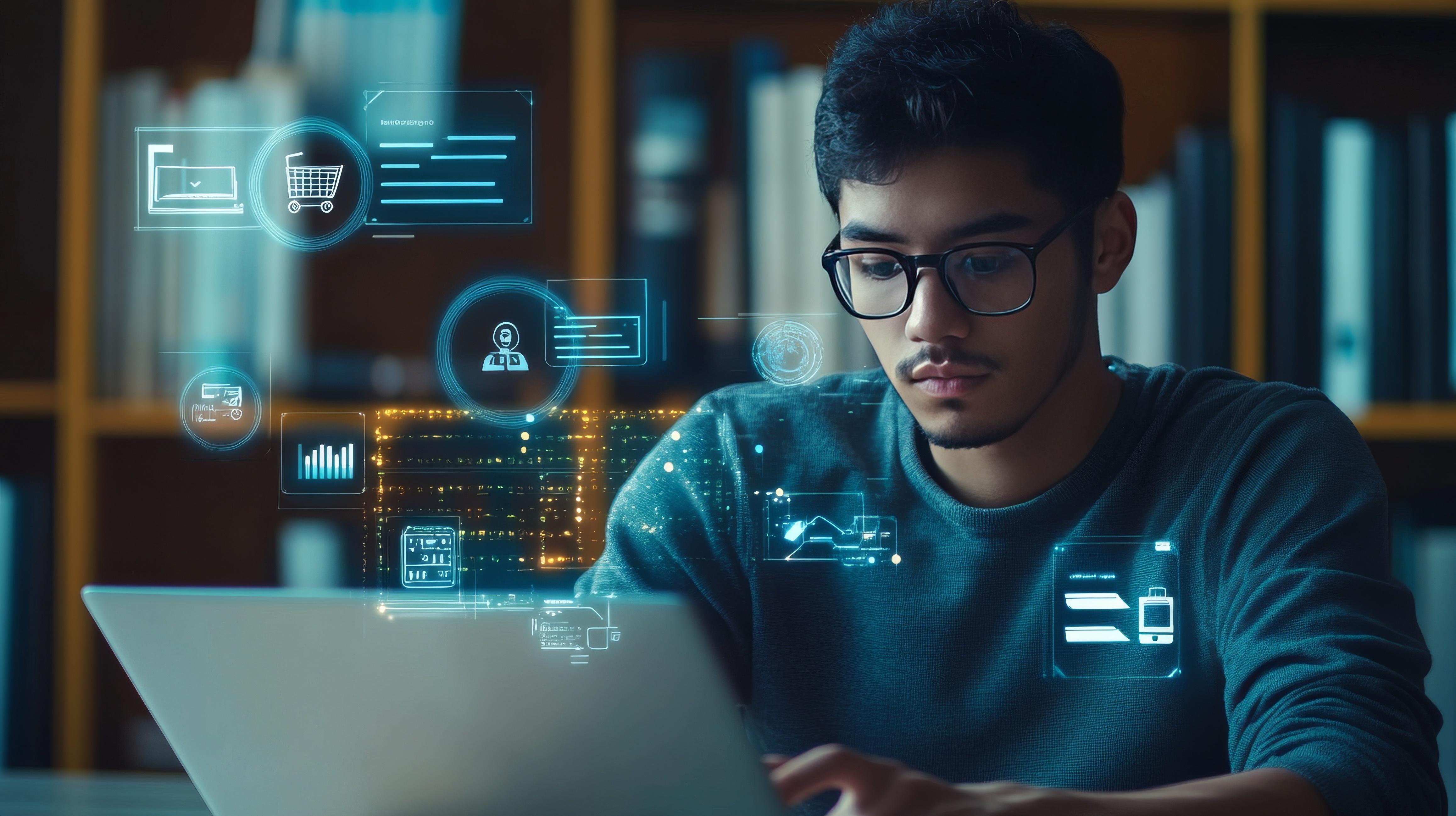 A man uses a laptop to study. Icons show online education, AI learning, and video courses. He's learning through the internet.