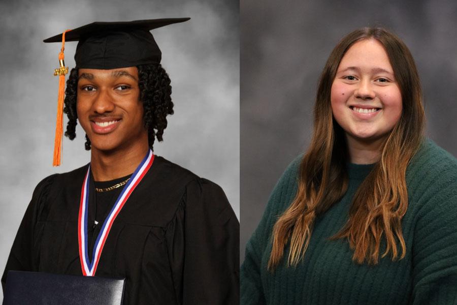 head shot of young black male in cap and gown on right, and head shot of woman in green sweater on right