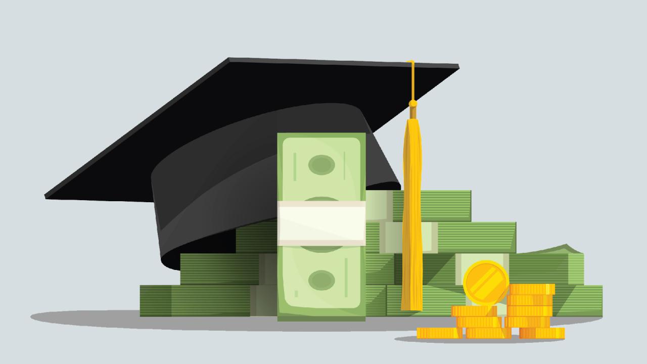 graphic art of graduation cap on top of piles of cash