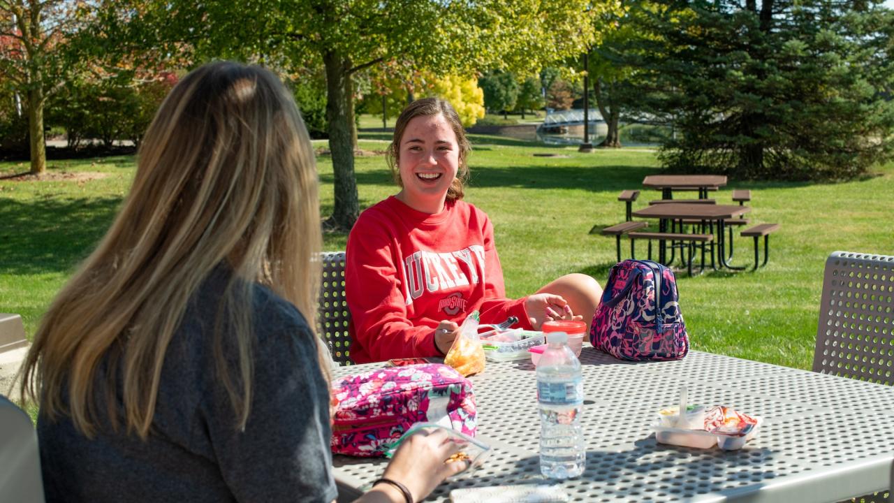 two students having lunch outside