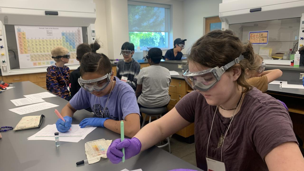students working with lab goggles on